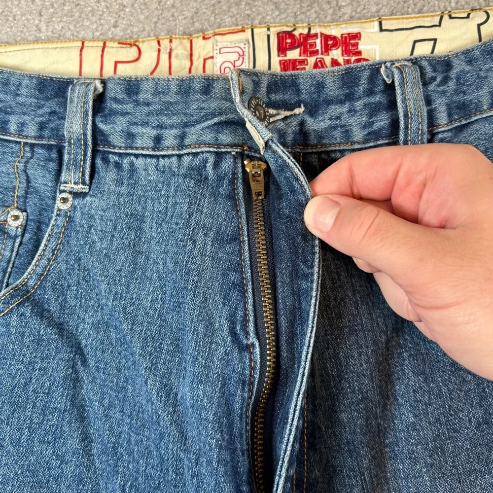 Pepe Jeans London Carpenter Jeans Mens 36 Blue Wide Leg Graphic Y2K Baggy Denim